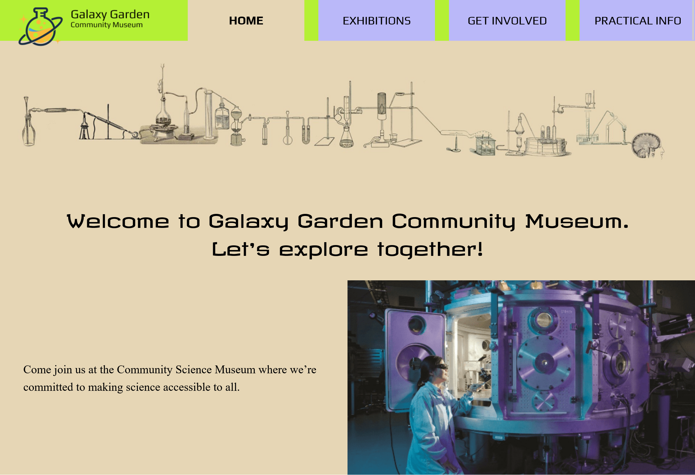 Galaxy Garden Community Museum Hero Section showing the modern design aimed at children and families.